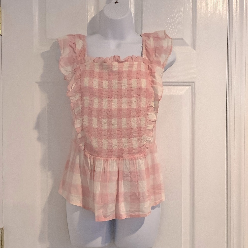 NWT Old Navy Pink/White Checkered Plaid Ruffled Cute Soft Girl Cottagecore Top M